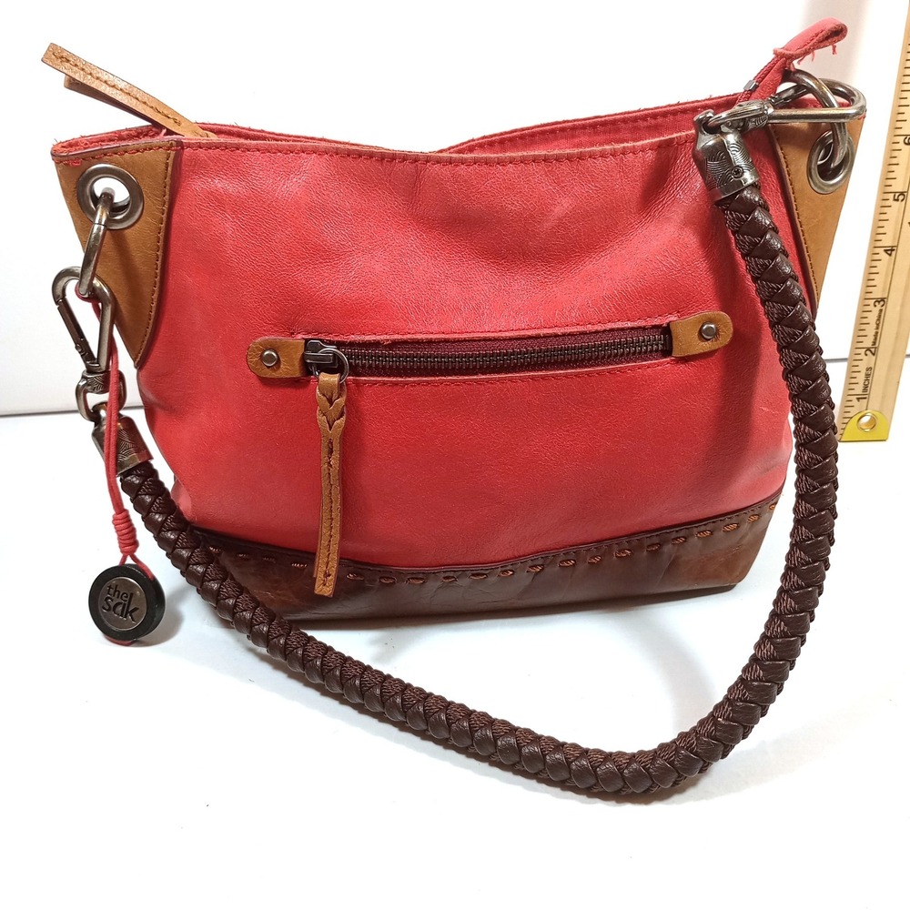 The Sak Leather Small Shoulder Bag Red Brown Trim Braided Strap Boho Purse